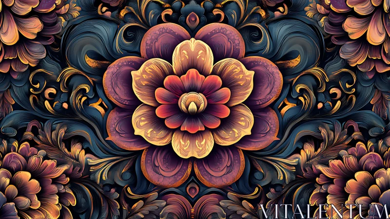 Ornate floral mandala glows against dark swirling foliage