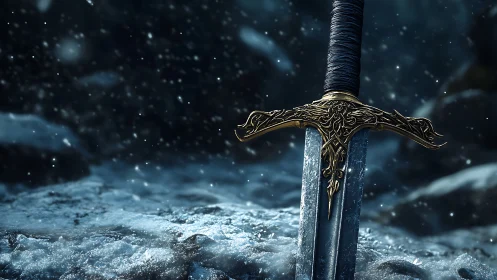 Photorealistic ornate sword embedded in frozen battlefield scene.