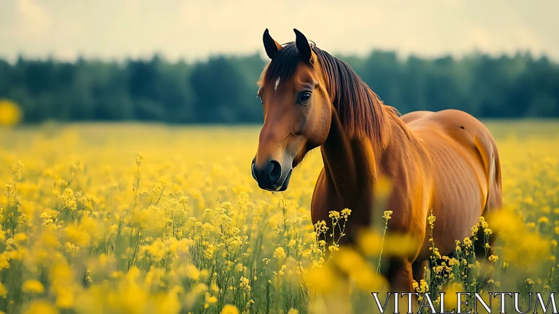 Chestnut horse stands in shallow depth yellow wildflower field