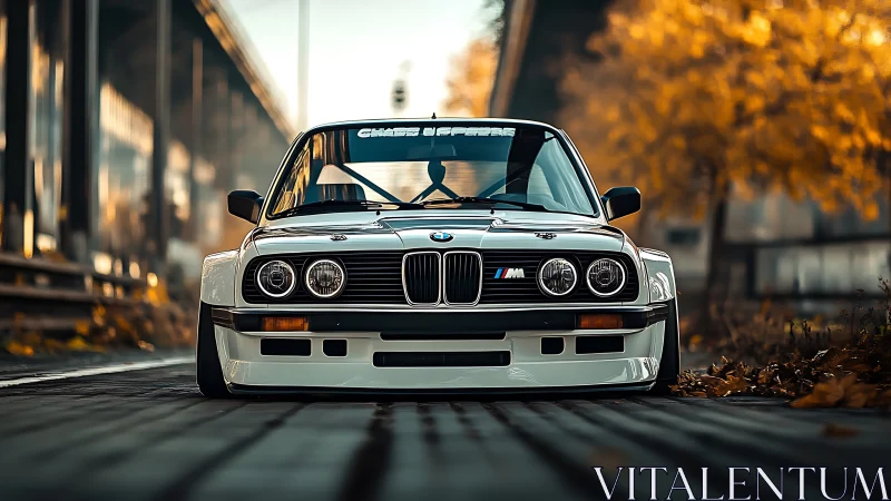 Front view of modified white BMW coupe on urban roadway.