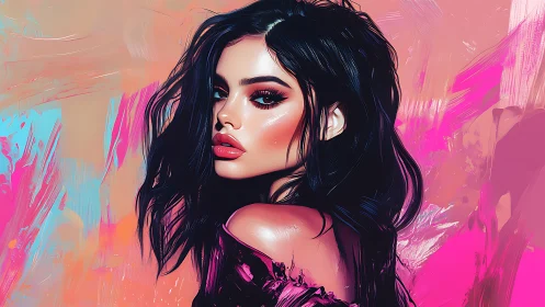 Digital portrait shows woman with dark hair on neon background