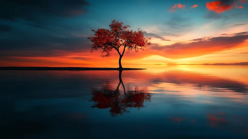 Lone lakeside tree glowing gently in a painted sunset sky.
