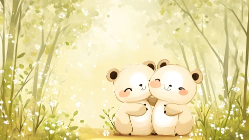 Sunny forest cuddle with two shy, smiling bear friends.