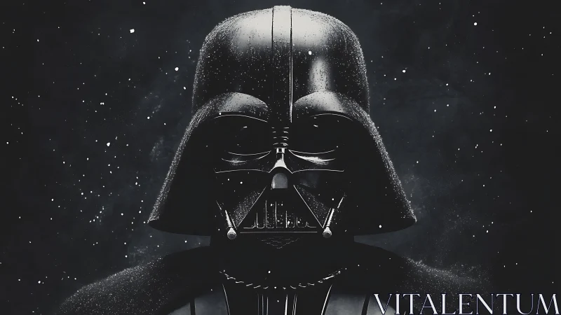 Dark armored sci fi figure in starry monochrome portrait.