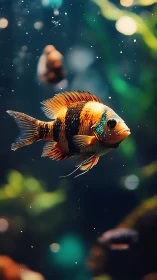 Colorful tropical fish swims alone in deep aquarium water.