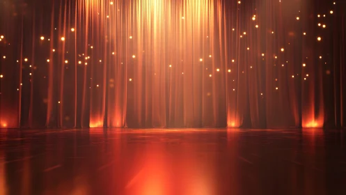 Elegant Theater Stage with Glowing Curtains in Warm Lighting.