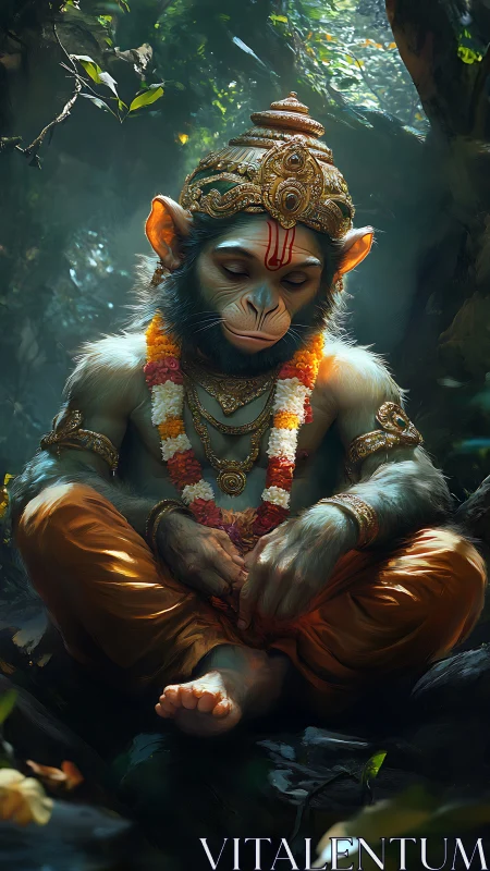 Meditative monkey deity rendered in ornate digital realism