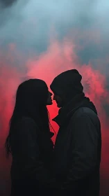 Silhouetted Couple Against Crimson Sky.