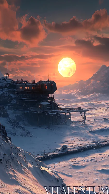 Remote polar outpost beneath molten winter sun at dusk.