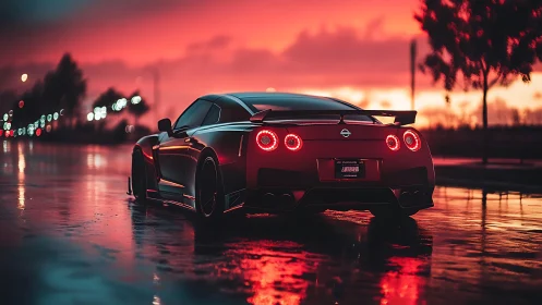 Wide-angle rear view of tuned Nissan GT-R on rain-soaked street at dusk