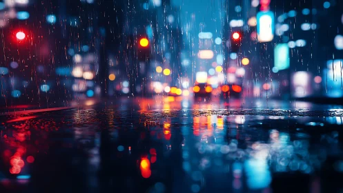 Neon city rainstorm reflecting vibrant urban nightlife.