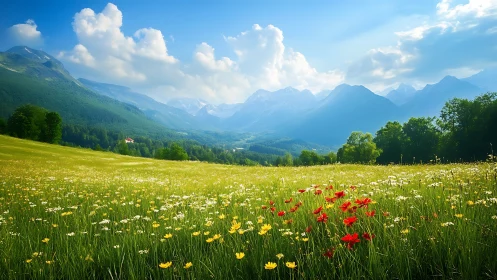 Wildflower meadow dreaming beneath soft blue mountain hush.