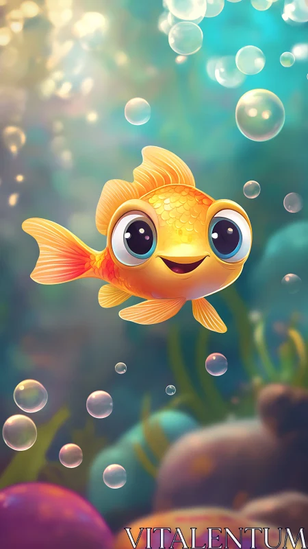Smiling goldfish friend floating through a bubbly dream.