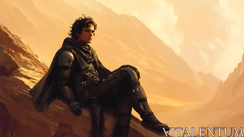 Young wanderer resting in golden desert canyon light.