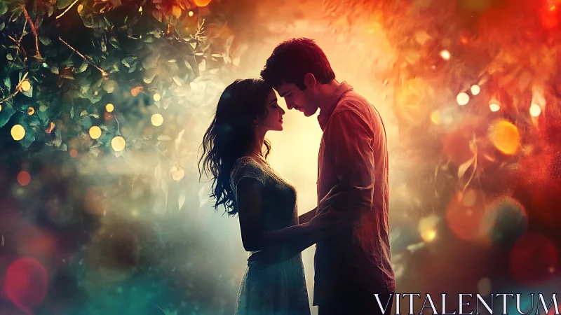 Romantic Couple Embracing in Golden Bokeh Light.