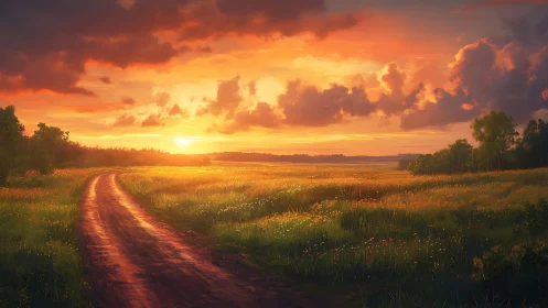 Sunset-soaked country road curls through a glowing summer field