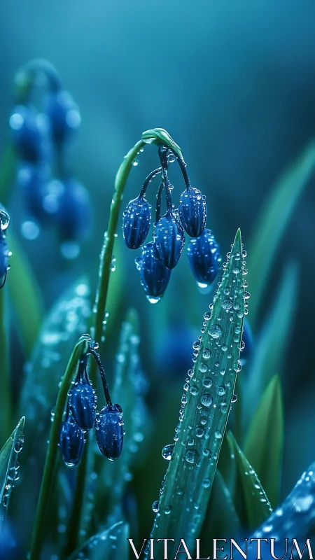 Dew-Covered Bluebells with Water Droplets.