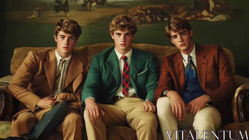 Timeless trio in tailored suits on a grand vintage sofa.