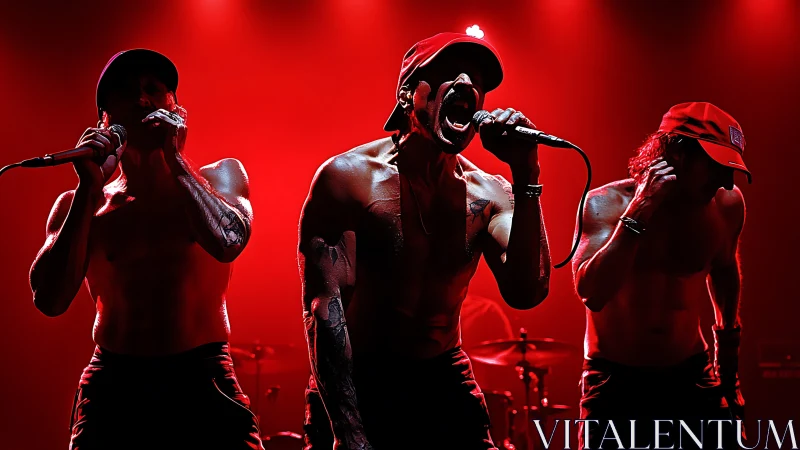 Red‑lit shirtless vocal trio unleashing intense stage energy.