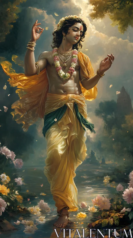 Divine male dancer on lotus-lined river under diffused light