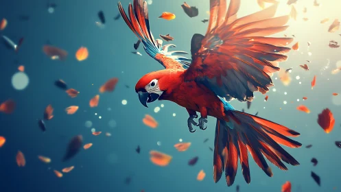 Vibrant Scarlet Macaw in Flight Amid Colorful Falling Feathers.