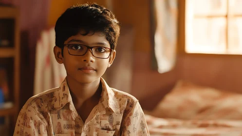 Portrait of studious boy in warm window backlit bedroom