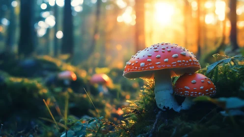 Fly agaric mushrooms stand in sunlit forest moss at sunrise