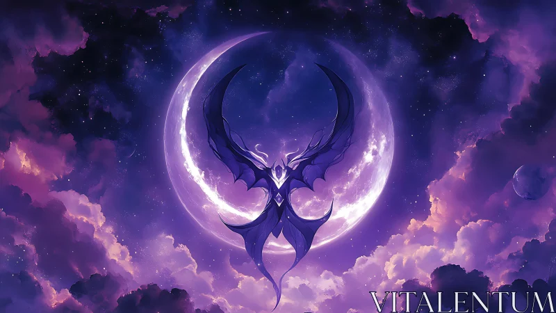 Moonlit cosmic wings soaring through a dreamy violet sky.