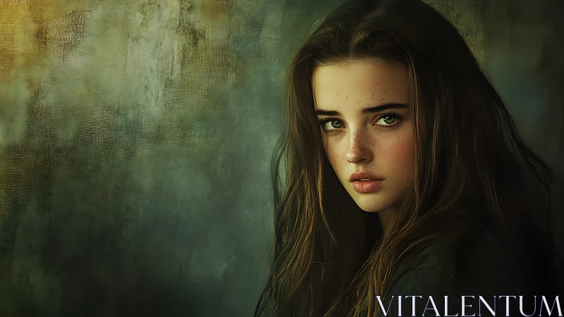 Soft green gaze meets moody light in a quiet painted portrait