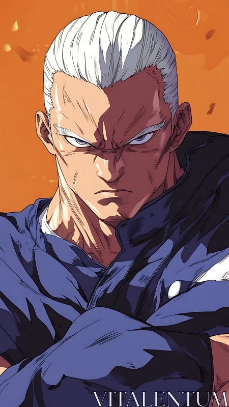 Silver haired anime fighter in blue uniform, intense stare
