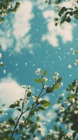 Blossoming branches sway softly beneath a bright spring sky