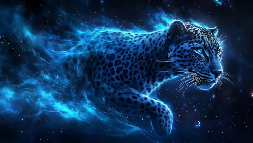 Ethereal Blue Leopard: Cosmic Energy Fusion in Digital Rendering.