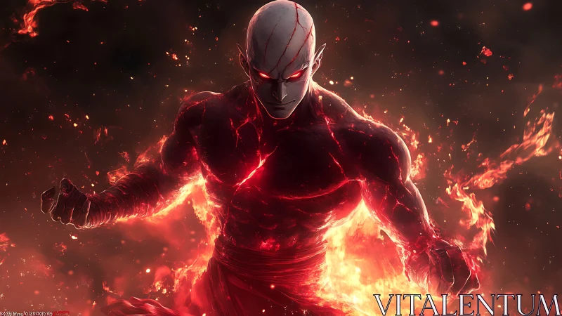 Humanoid figure with molten skin surrounded by red flames.