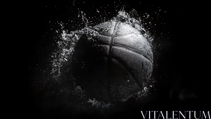 Hydrodynamic basketball impact rendered in high-contrast chiaroscuro.
