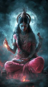 Moonlit fire goddess in crimson trance above swirling embers.