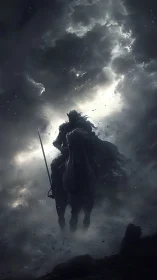 Dark fantasy rider in storm-lit chiaroscuro composition.