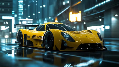 Yellow futuristic race car slices through neon city streets