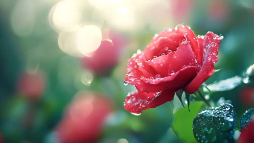 Dew-covered red rose captures soft morning backlight glow