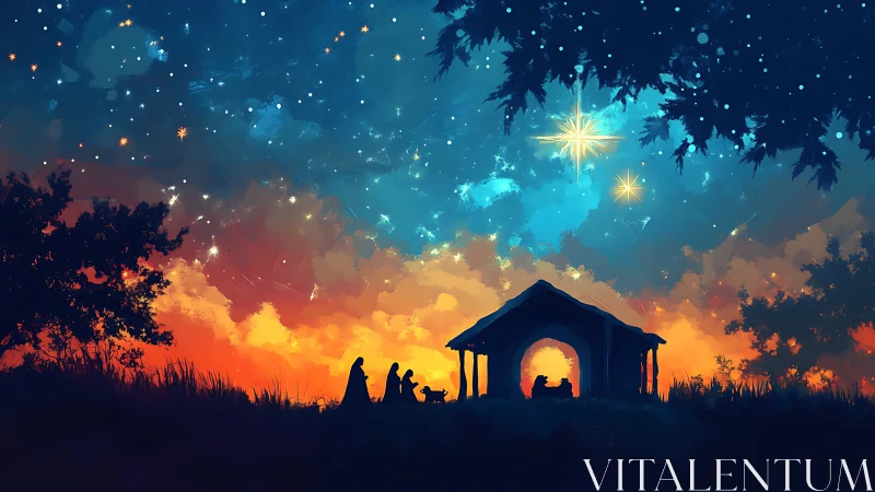 Nativity silhouette glows beneath a luminous, star-filled sky