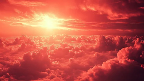 Crimson sunset bathes billowing cloud sea in radiant glow