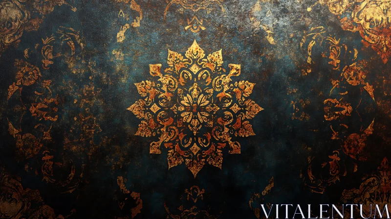 Ornate golden mandala on distressed teal patina background.