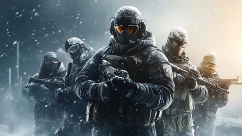 Tactical winter squad in snowstorm with modern firearms.