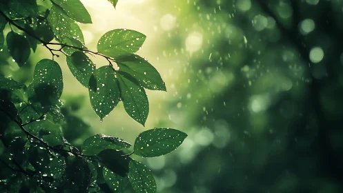 Sunlit raindrops rest softly on fresh green forest leaves