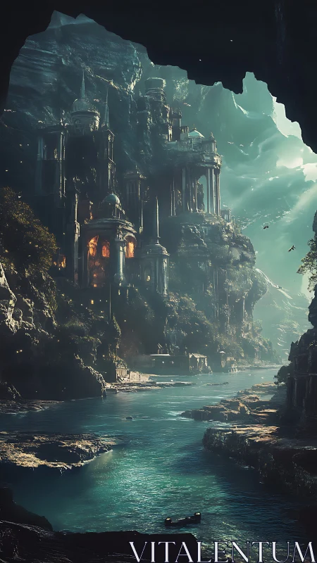 Moonlit river fortress carved into ancient misty cliffs.