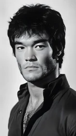 Monochrome male portrait with intense cinematic gaze.