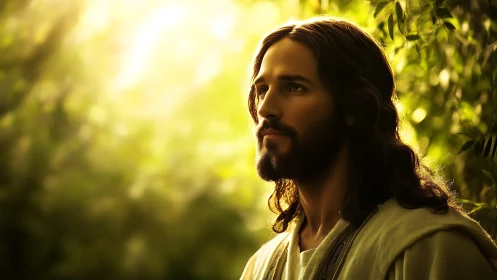 Radiant bearded figure in sunlit forest ambience portrait.