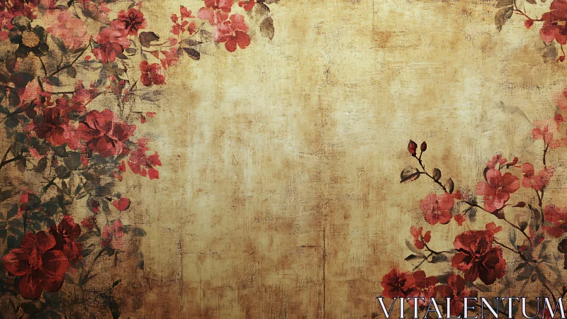 Vintage floral background shows red blossoms on aged paper