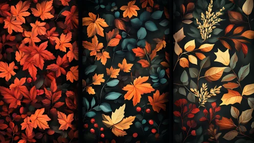 Autumn foliage panels with dark background and bold colors.