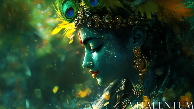 Divine blue profile with jeweled crown and peacock feather glow