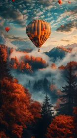 Autumn hot air balloon over foggy conifer valley at sunrise